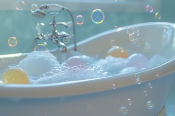 Poster - Pastel colored bath bombs fizzing in a clawfoot tub overflowing with bubbles