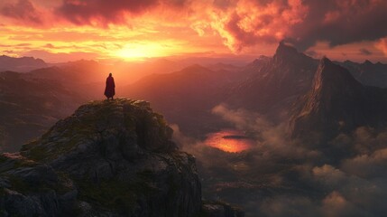 Poster - A person stands on a mountain top, looking out at a beautiful sunset