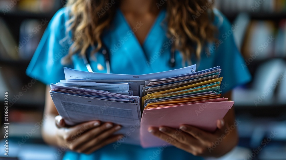 Healthcare worker organizing patient files into color-coded folders for ...