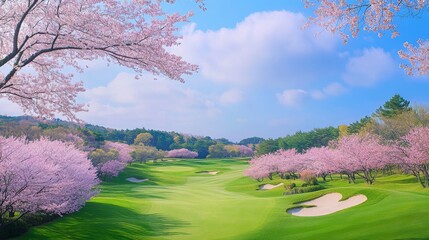 Aufkleber - An elegant golf course surrounded by cherry blossom trees in spring, Golf clubs set amidst blooming sakura, Sakura elegance style