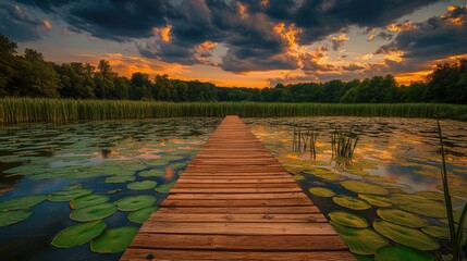 Wall Mural - Sunset Over a Serene Lake with a Wooden Pathway