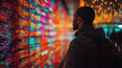 Aufkleber - A man is looking at a colorful display on a wall