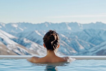 Wall Mural - Woman enjoying serene mountain view from jacuzzi on a clear winter day with crisp air