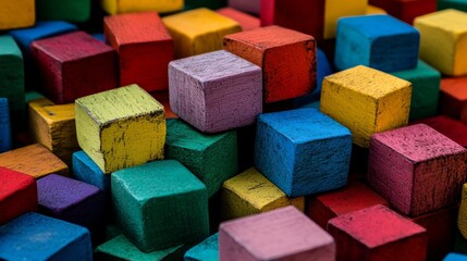 Aufkleber - An engaging block-building scene on a sunny day, Colorful blocks meticulously arranged, Contemporary artistic style