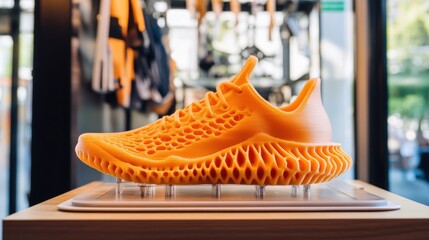 Poster - Bright Orange Running Shoe Model Displayed in a Modern Retail Environment Showcasing Innovative Design and Advanced Manufacturing Techniques for Sports Footwear