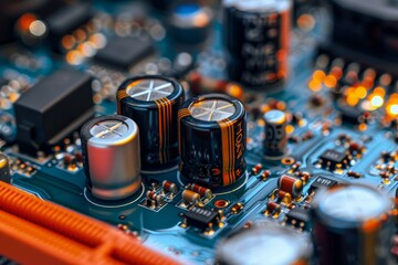 Poster - Electronic circuit board with capacitors and resistors showing modern technology