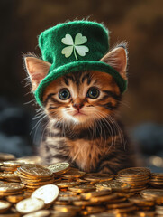 Wall Mural - Cute Kitten in Green Shamrock Hat Amidst Gold Coins - Adorable kitten, St Patricks Day, lucky charm, green hat, gold coins.