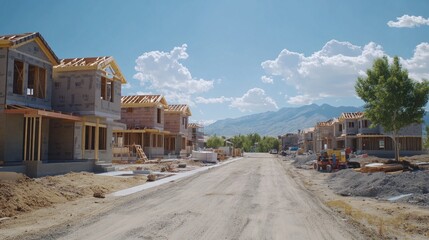 Poster - A street with houses under construction and a tree in the middle
