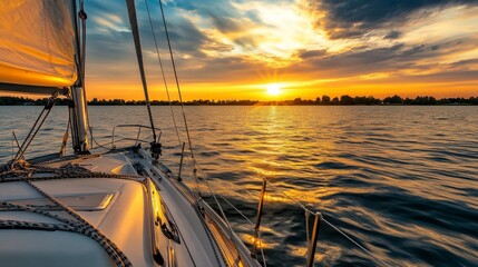 Aufkleber - An exhilarating sailing adventure on a serene lake at sunset, Sailing gear and yacht prepared for navigation, Nautical leisure style
