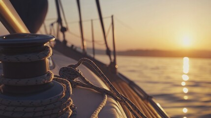 Aufkleber - An exhilarating sailing adventure on a serene lake at sunset, Sailing gear and yacht prepared for navigation, Nautical leisure style
