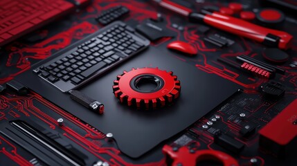 Poster - A striking arrangement of a black and red themed gaming setup, featuring a keyboard, mouse, and a gear-shaped design element.