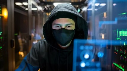 Poster - A hooded figure works on a computer in a server room, focused on cybersecurity tasks.