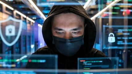 Poster - A person in a hoodie and mask works on a computer surrounded by digital security graphics.