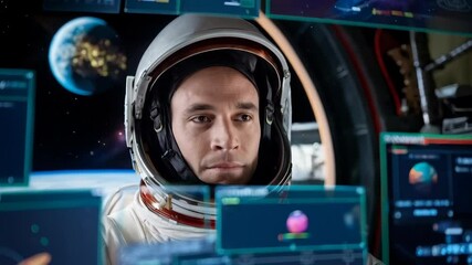 Poster - Astronaut in a futuristic control room with holographic displays and Earth in the background.