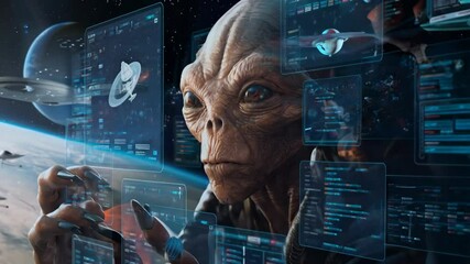 Poster - An alien interacts with futuristic technology in a space environment, showcasing advanced data.