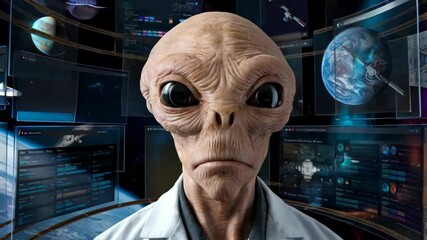 Poster - A humanoid alien in a lab coat surrounded by holographic displays of planets and spacecraft.