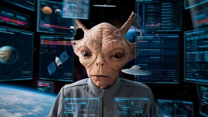 Poster - An alien figure interacts with futuristic technology and data displays in a space environment.
