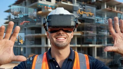 Poster - A worker using augmented reality technology on a construction site.