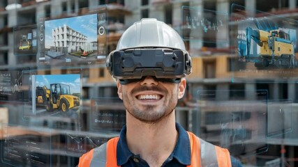 Poster - A construction worker using virtual reality technology on a building site.