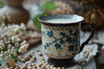 Poster - Rustic cup full of soy milk standing on a table with soybeans and white flowers