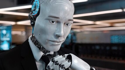 Poster - A humanoid robot in a suit interacts with digital data displays in a modern workspace.