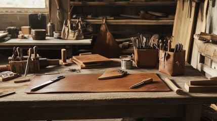 Poster - An intricate leather crafting station in a rustic workshop, Leather tools and materials neatly arranged on a workbench, Minimalist craft style