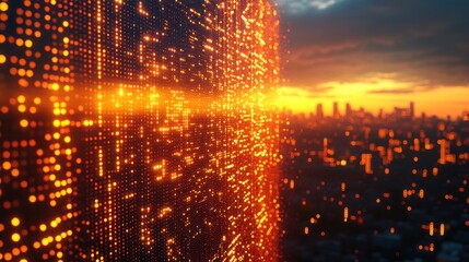 Glowing data wall over city sunset.
