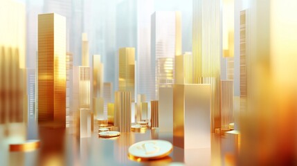 Aufkleber - A cityscape with tall buildings and a gold coin on the ground