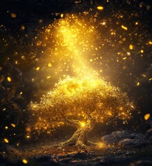 Poster - Golden tree with glowing leaves and magical aura, enchanting scene with sparkling particles and warm light