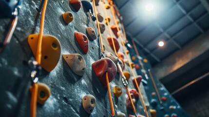 Poster - An inviting rock climbing gym with climbing walls and safety gear, Climbing equipment and harnesses neatly arranged, Adventure sports style