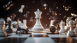 © john - 3d animation, chess game battle, white king chess piece jumps down, aggressive attack, all pawns fall down. Successful strategy, champion metaphor, leadership concept