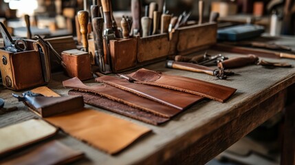 Poster - An orderly leatherworking bench in a traditional workshop, Leather pieces and tools systematically set up, Classic craftsmanship style