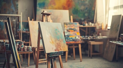 Poster - An organized art studio with easels and paint supplies, Canvases and brushes ready for use, Artistic bohemian style