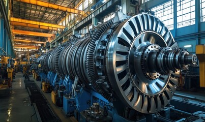 Poster - Industrial gas turbine engines in manufacturing facility, showcasing intricate design and engineering, large machinery, bright lighting