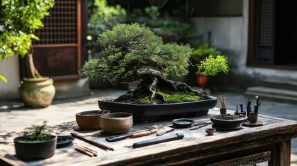 Poster - An organized bonsai gardening setup in a quiet courtyard, Bonsai tools and pots neatly arranged, Minimalist botanical style