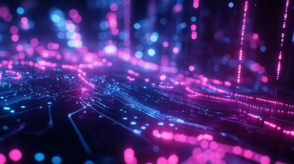 Poster - A computer generated image of a cityscape with a blue and pink color scheme