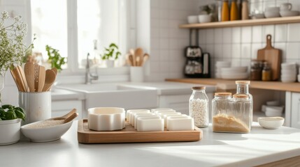 Aufkleber - An organized soap making station in a bright kitchen, Soap molds and ingredients neatly placed on a counter, Minimalist craft style