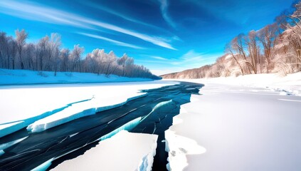 Frozen river breaks apart, revealing turquoise water beneath a blanket of fresh snow. Winter scene with trees and a clear blue sky. Ideal for nature and travel themes
