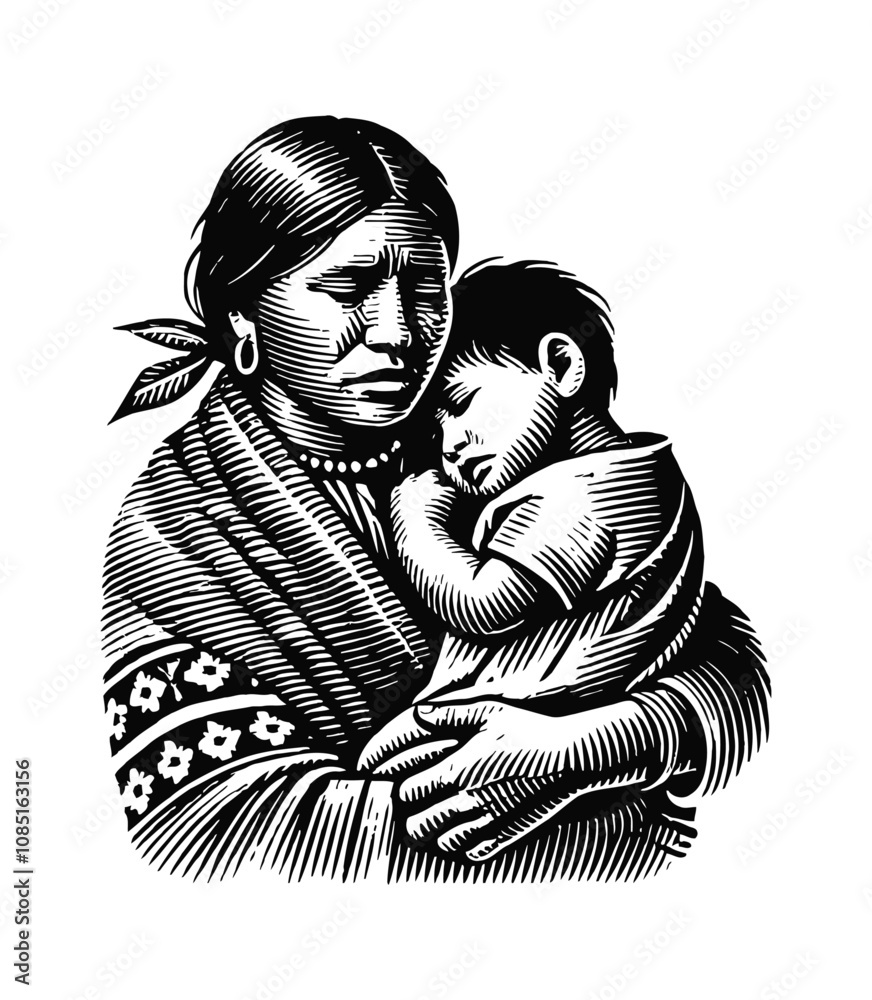 Sad Indigenous sad native traditional indigenous mother holding her child closely ...