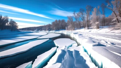 Frozen river breaks apart, revealing turquoise water beneath a blanket of fresh snow. Winter scene with trees and a clear blue sky. Ideal for nature and travel themes
