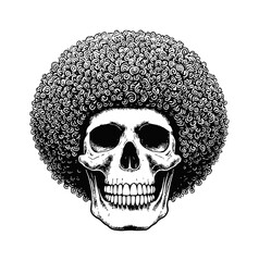 Wall Mural - human skull with an afro hairstyle engraving black and white outline