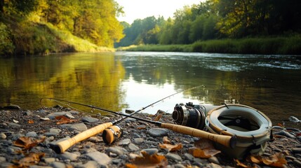 Poster - Fly fishing rods and equipment arranged by a tranquil riverbank, A calm riverside scene with fishing gear set for use, Nature-inspired angling style