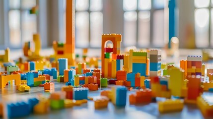 Poster - Intricate block-building setup with scattered pieces, Immersive workspace filled with colorful building blocks, Modern creative style