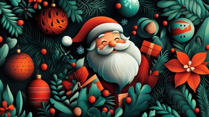 Poster - Detailed vector set with Santa, baubles, snowman, gifts, and ribbons. Ideal for holiday cards and posters.