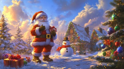 Poster - Detailed vector set with Santa, baubles, snowman, gifts, and ribbons. Ideal for holiday cards and posters.