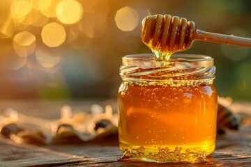 Poster - Golden honey pouring from a honey dipper into a jar with a warm sunset bokeh background
