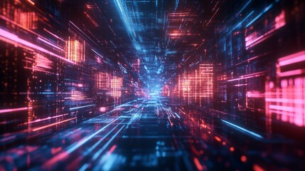 Poster - A futuristic cityscape with neon lights and a long, winding road
