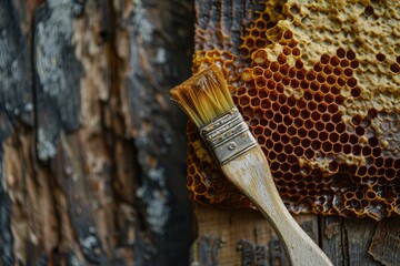 Poster - well used brush sits on a honeycomb, showcasing the tools of the trade for a beekeeper