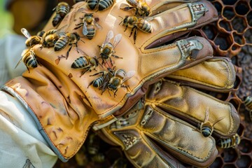 Poster - Beekeeper is working with a hive while bees crawl on their protective gloves