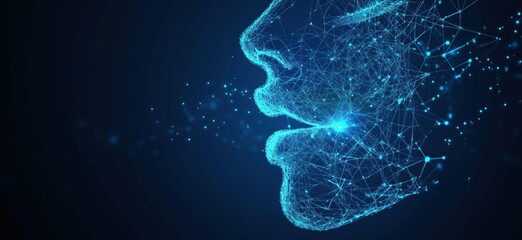 Poster - Digital face silhouette, abstract network design, glowing particles, technology representation